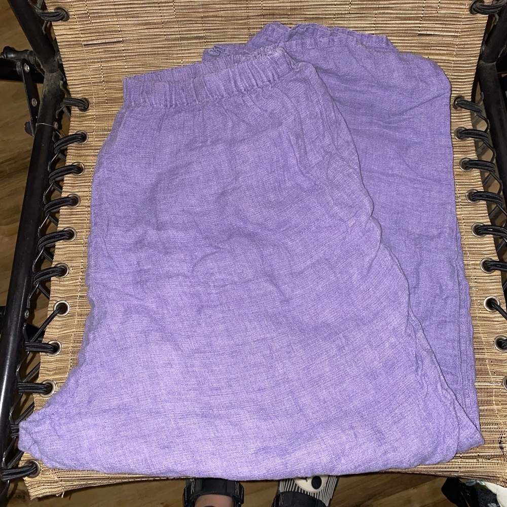FLAX Lilac Lavender Purple Pull On Elastic Waist Cropped Crop 100% Linen Pants L